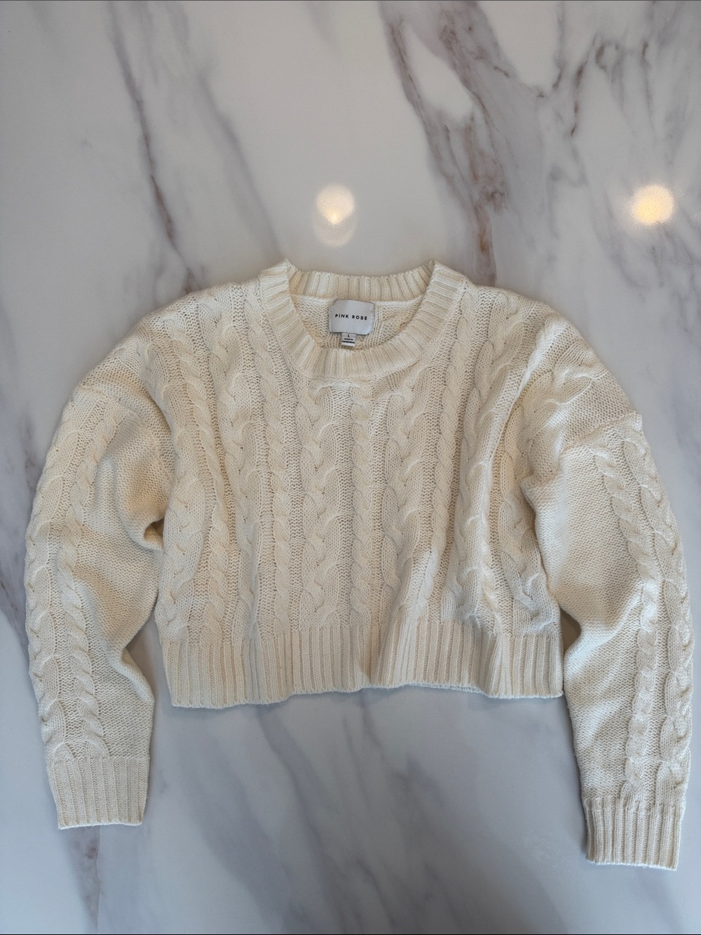 Pink Rose Cable Knit Cropped Crew Neck Pullover Sweater Top Large Cream White